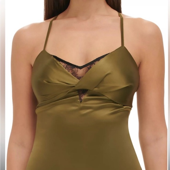 Guess Women’s Olive Satin Slip Dress Cross Back Straps Lace Trim Detail Cocktail - Picture 15 of 16